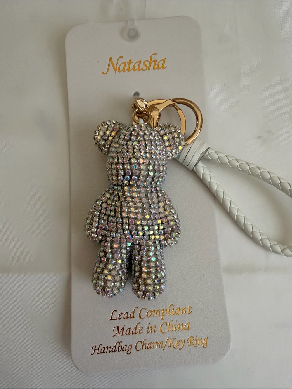 Natasha Couture Iridescent Crystal Teddy Bear Keyring with White Braided Strap